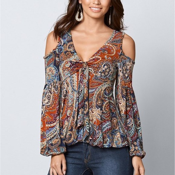 VENUS Tops - Venus Cold Shoulder Paisley Top/Blouse